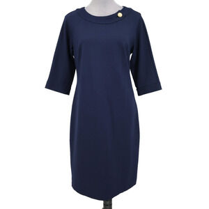 Talbots Dress Womens 8 Navy Blue Shift Stretch Knit Back Zip Button 3/4 Sleeve